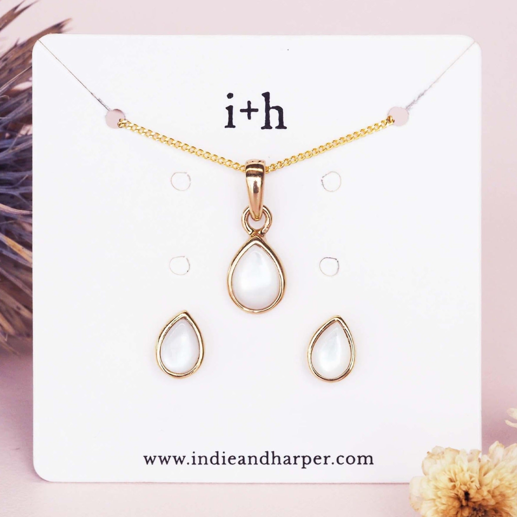 June Birthstone Jewellery Set including a pair of mother of pearl stud earrings and pendant necklace - meaningful birthday gift