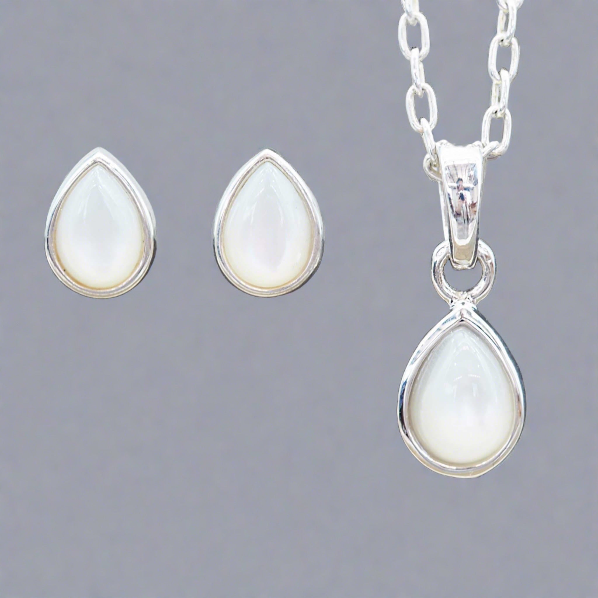 Sterling Silver June Birthstone Jewellery Set including a pair of mother of pearl stud earrings and pendant necklace - june birthday gift