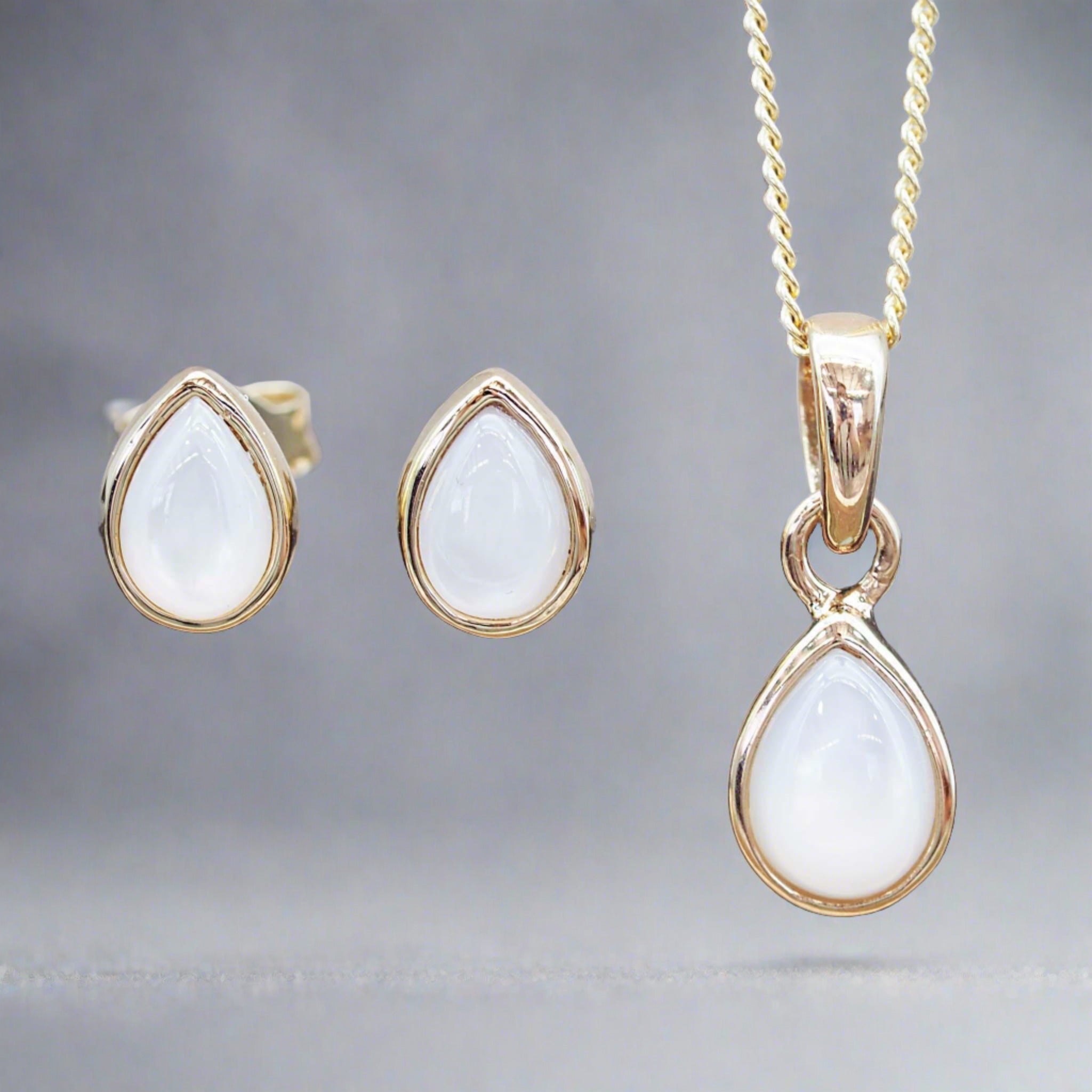 Gold June Birthstone Jewellery Set including a pair of mother of pearl stud earrings and pendant necklace - june birthday jewellery gift