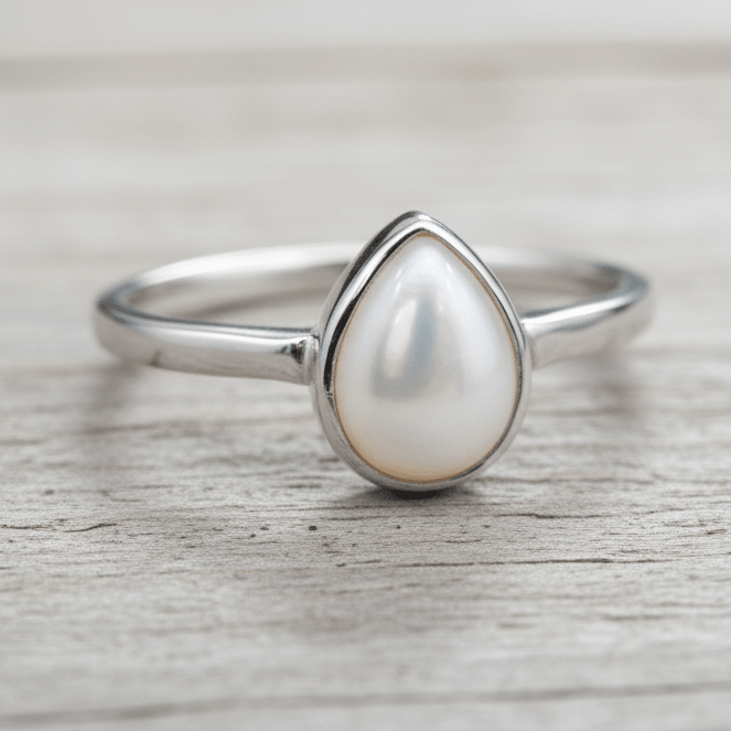 Silver ring with a teardrop-shaped pearl on a white background