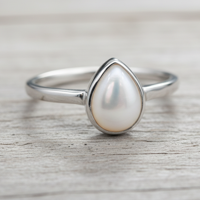 Silver ring with a teardrop-shaped pearl on a white background