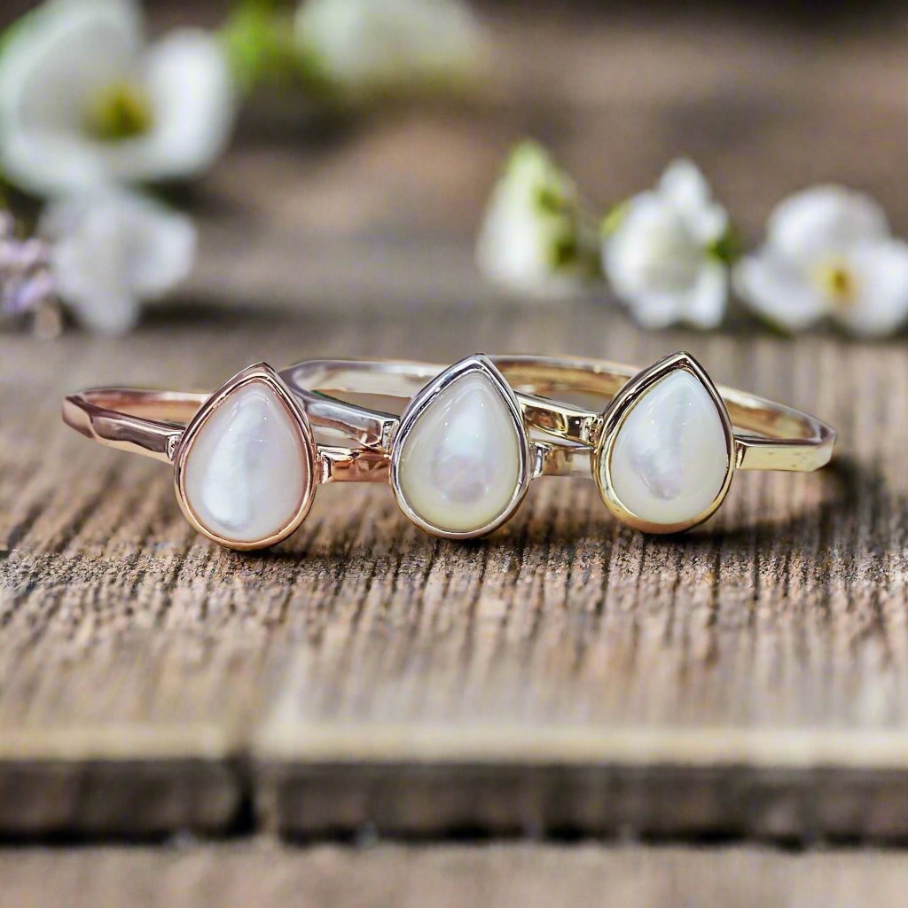 june birthstone pearl rings in rose gold, silver and gold by indie and Harper australia