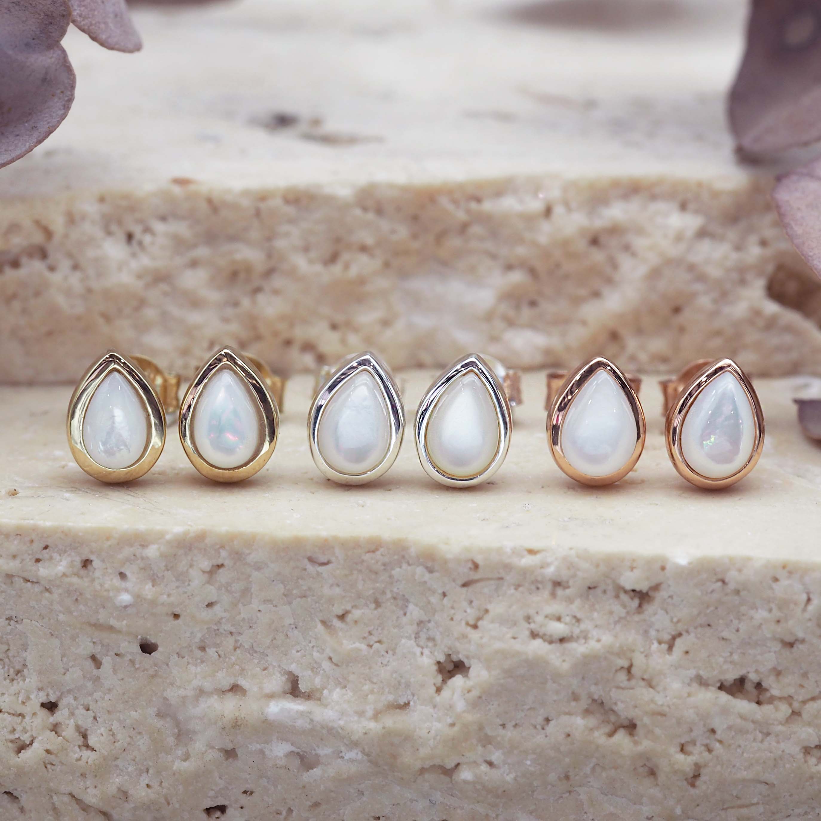 June Birthstone Earrings with mother of pearl studs in gold, silver and rose gold - june birthday jewellery gifts