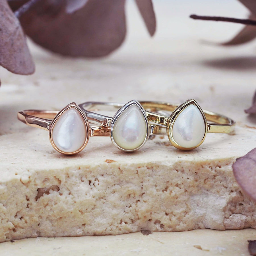 june birthstone rings in rose gold, silver and gold and made with natural pearl