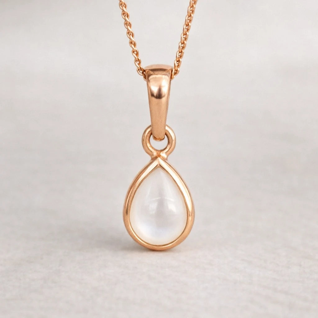 Rose gold teardrop pearl pendant necklace on a light gray background