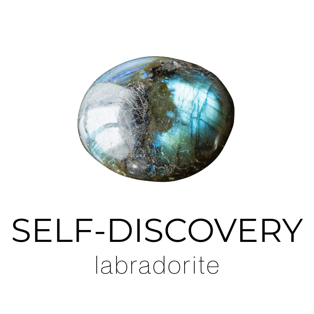Labradorite stone with 'SELF-DISCOVERY' and 'labradorite' text on a white background