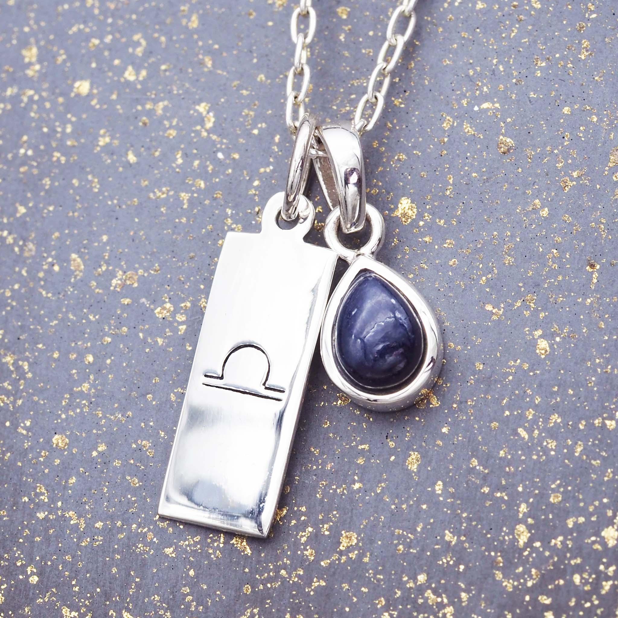 silver Libra Star Sign and September Birthstone sapphire necklace by indie and harper