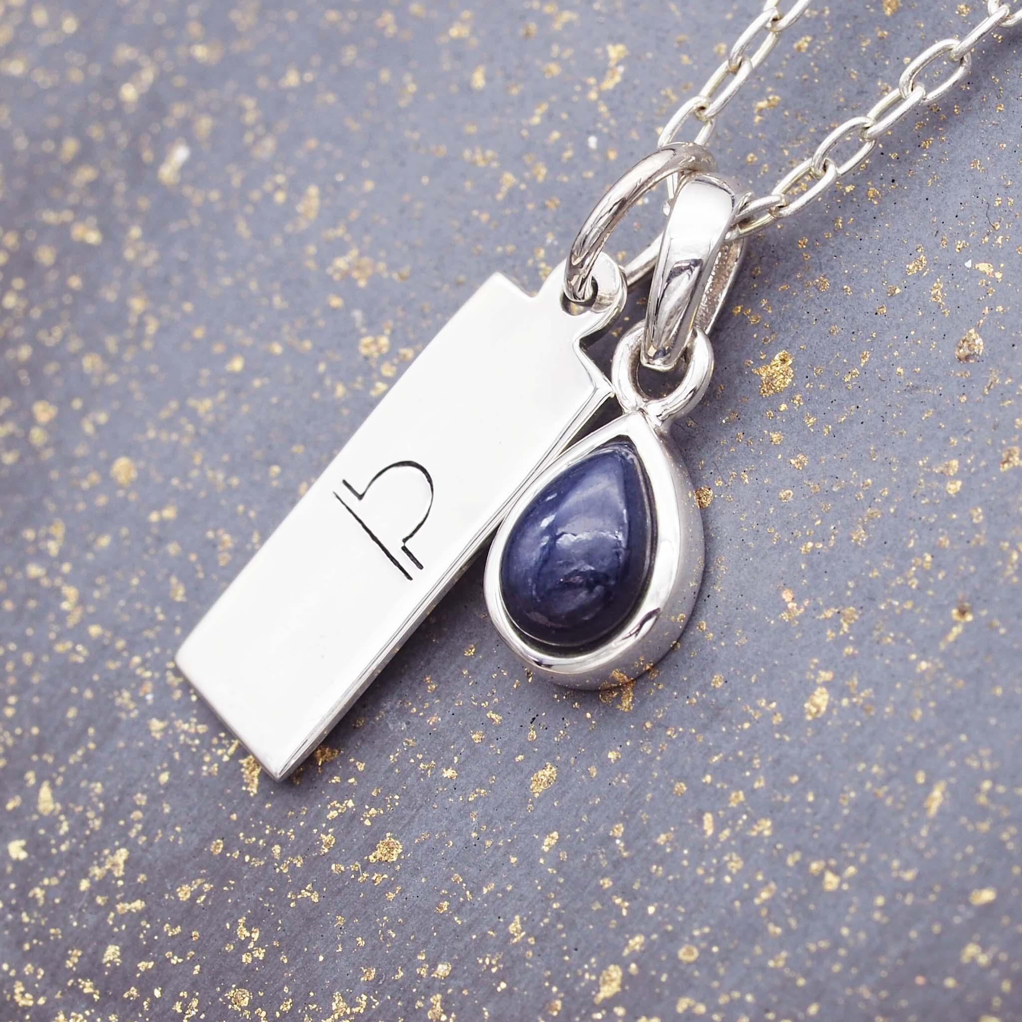silver Libra Star Sign and September Birthstone sapphire necklace by indie and harper