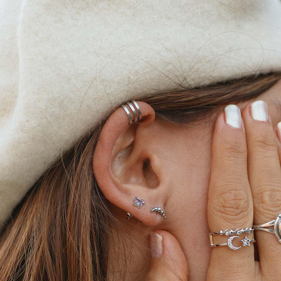 Woman wearing silver Ear Cuff and silver earrings - womens waterproof jewellery Australia 