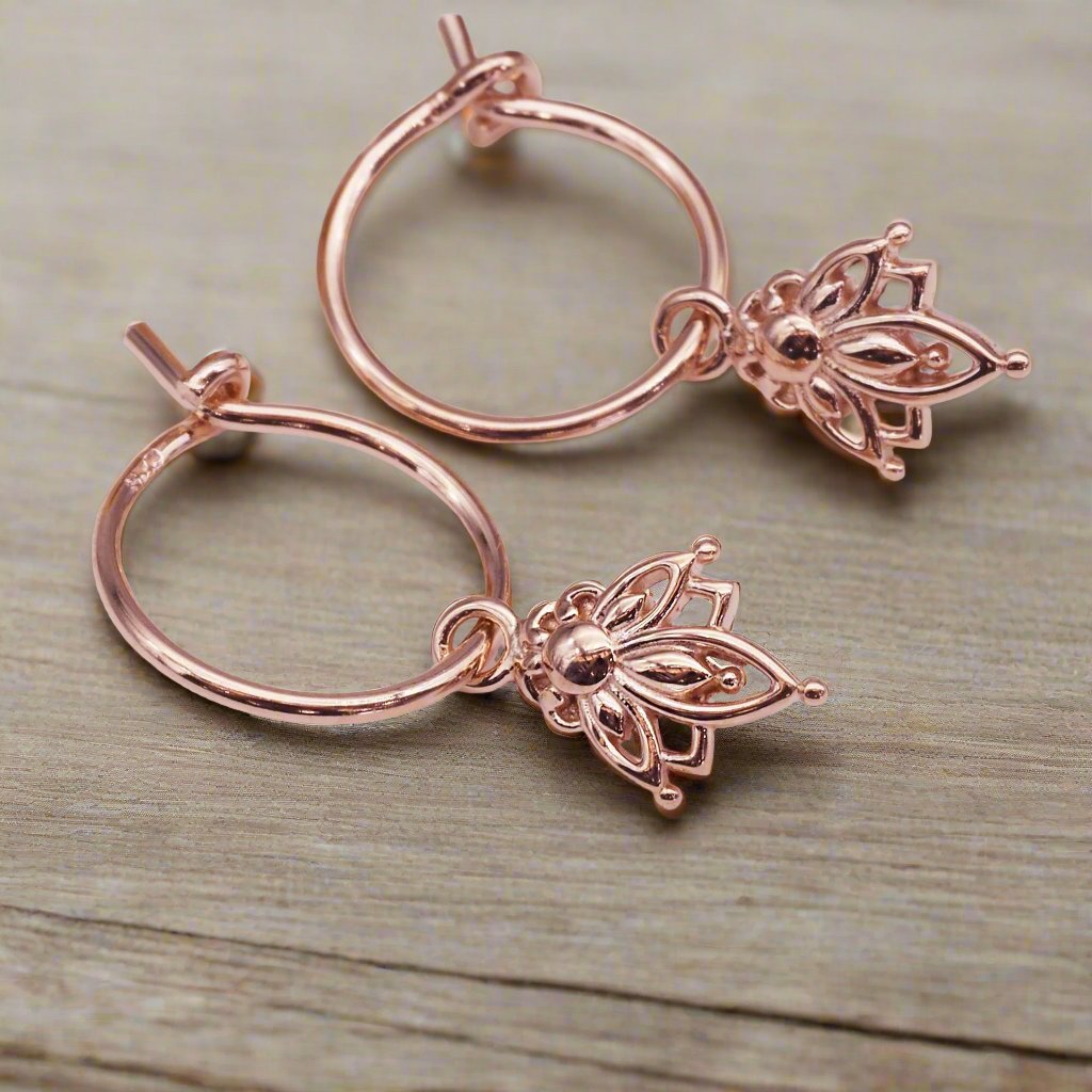 Dainty Rose Gold Earrings with lotus flowers - women's rose gold jewellery by Australian jewellery brands indie and Harper