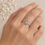 sterling silver rose but, bezel set, marquise shaped natural labradorite ring worn on a womans finger