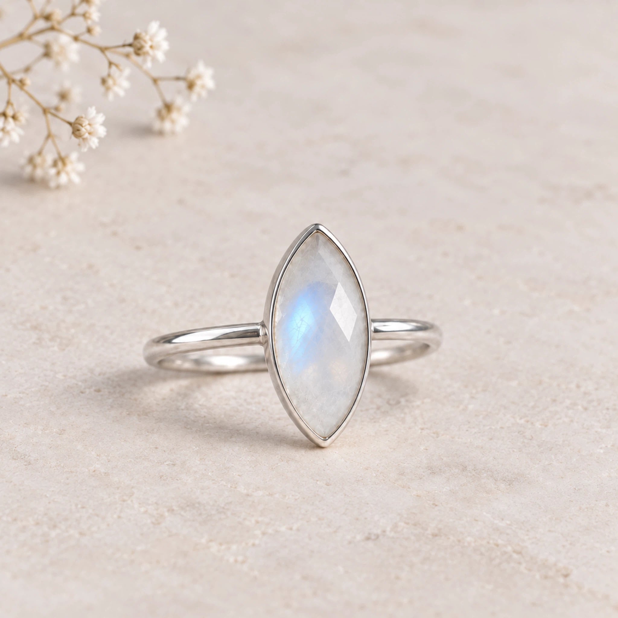 sterling silver rose cut bezel set natural moonstone ring