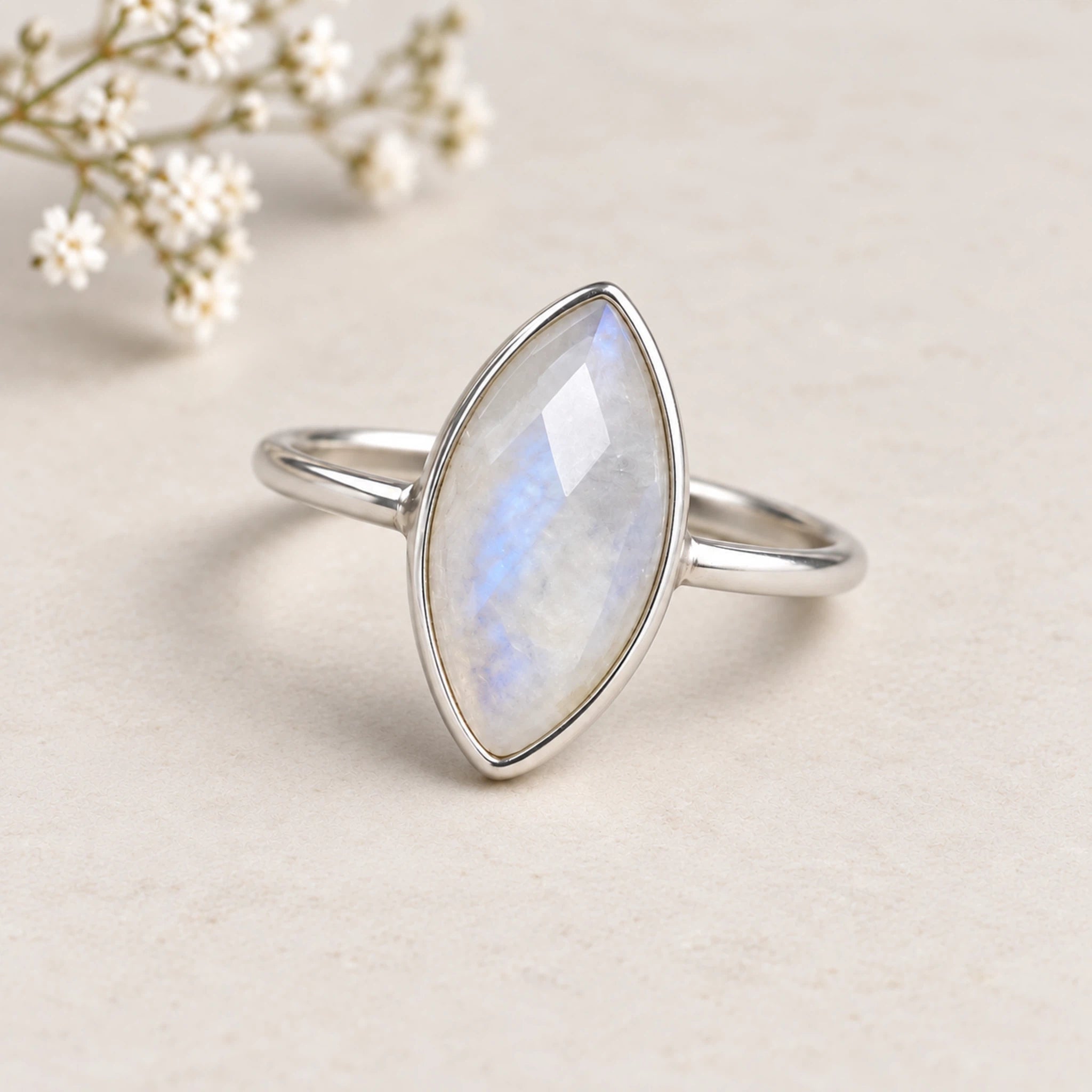 sterling silver rose cut bezel set natural moonstone ring