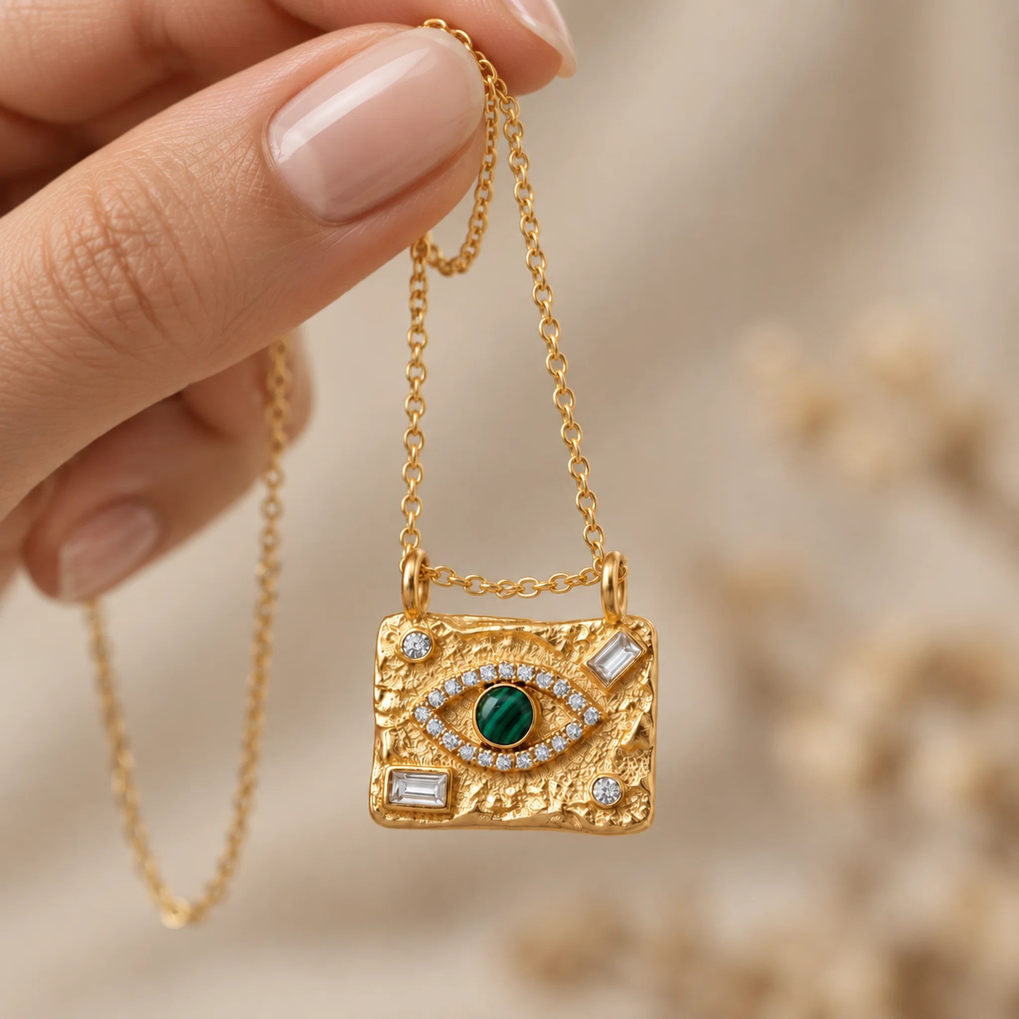 gold necklace being held by the gold chain, featuring a rectangle pendant with evil eye detailing with CZs and green gemstone
