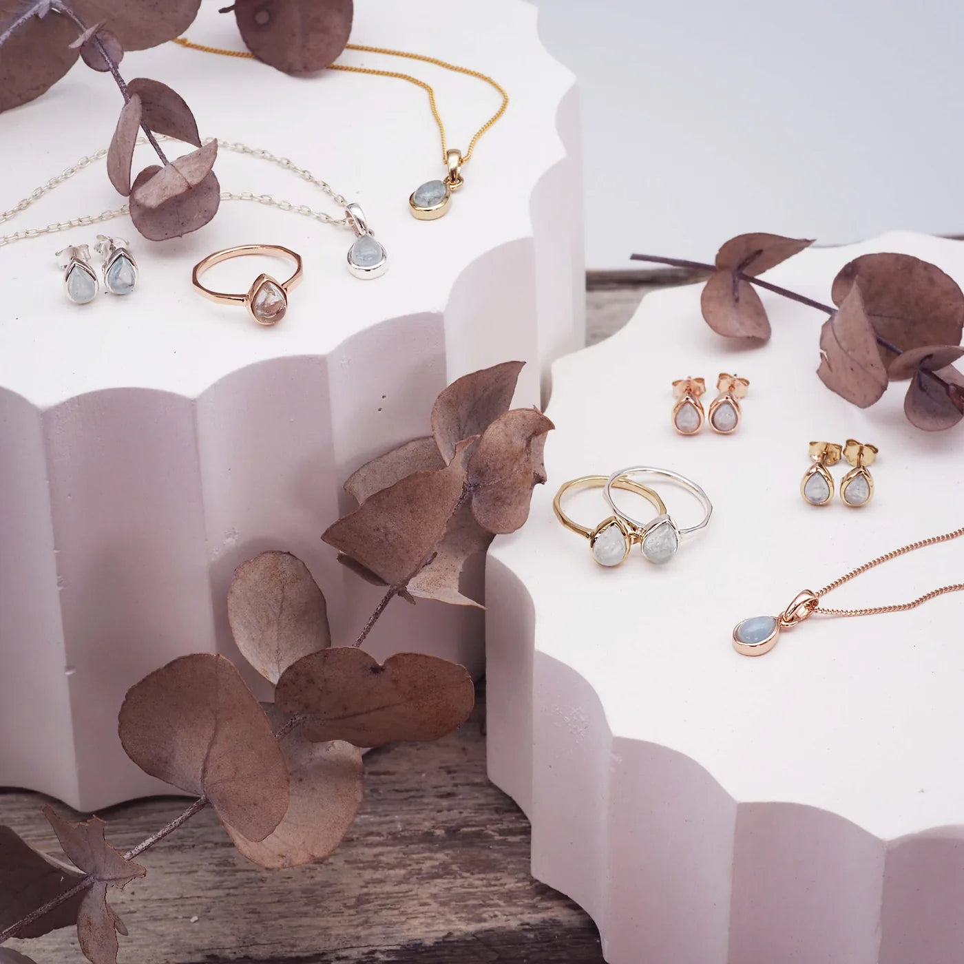 group shot of march birthstone aquamarine jewellery by indie and harper australia