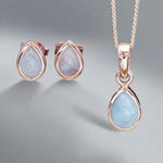 Rose Gold March Birthstone Aquamarine jewellery set including aquamarine earrings and aquamarine necklace by indie and harper