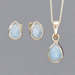 Gold March Birthstone Aquamarine Jewellery set including aquamarine earrings and aquamarine necklace by indie and harper