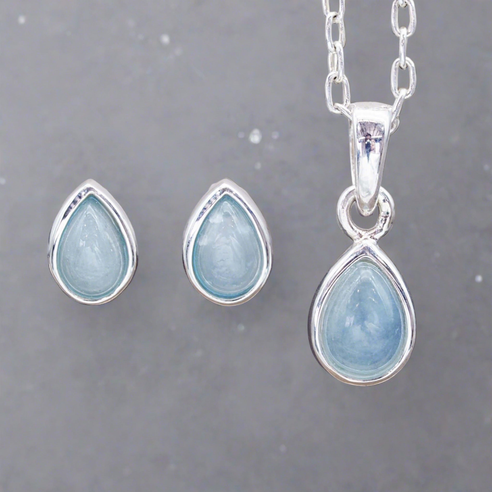Sterling Silver March Birthstone Aquamarine jewellery set including aquamarine earrings and aquamarine necklace by indie and harper