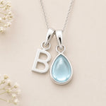 Sterling Silver March birthstone Necklace with a pear-shaped natural Aquamarine gemstone pendant and letter 'B' charm
