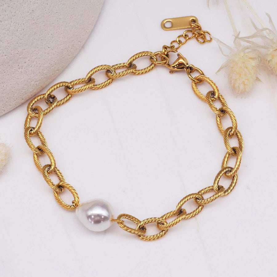 Gold Bracelet with freshwater pearl - womens gold waterproof jewellery