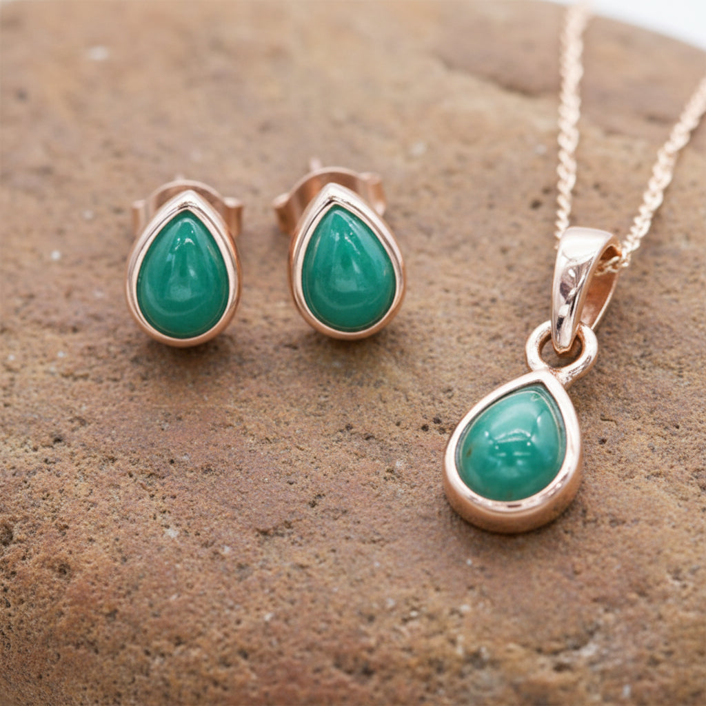 Rose gold May Birthstone emerald earrings and emerald necklace by indie and harper Australia 