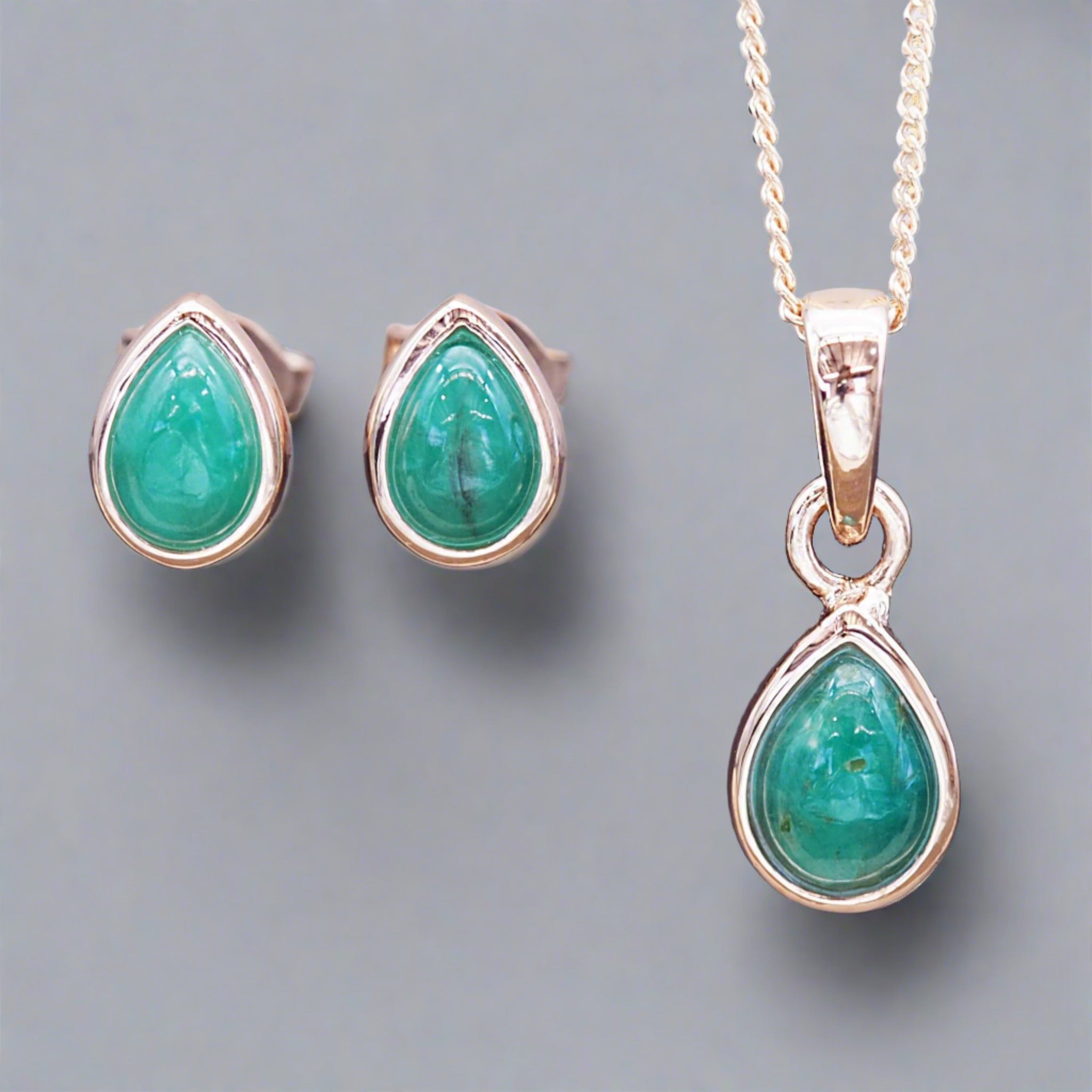 Rose gold May Birthstone emerald earrings and emerald necklace by indie and harper Australia 