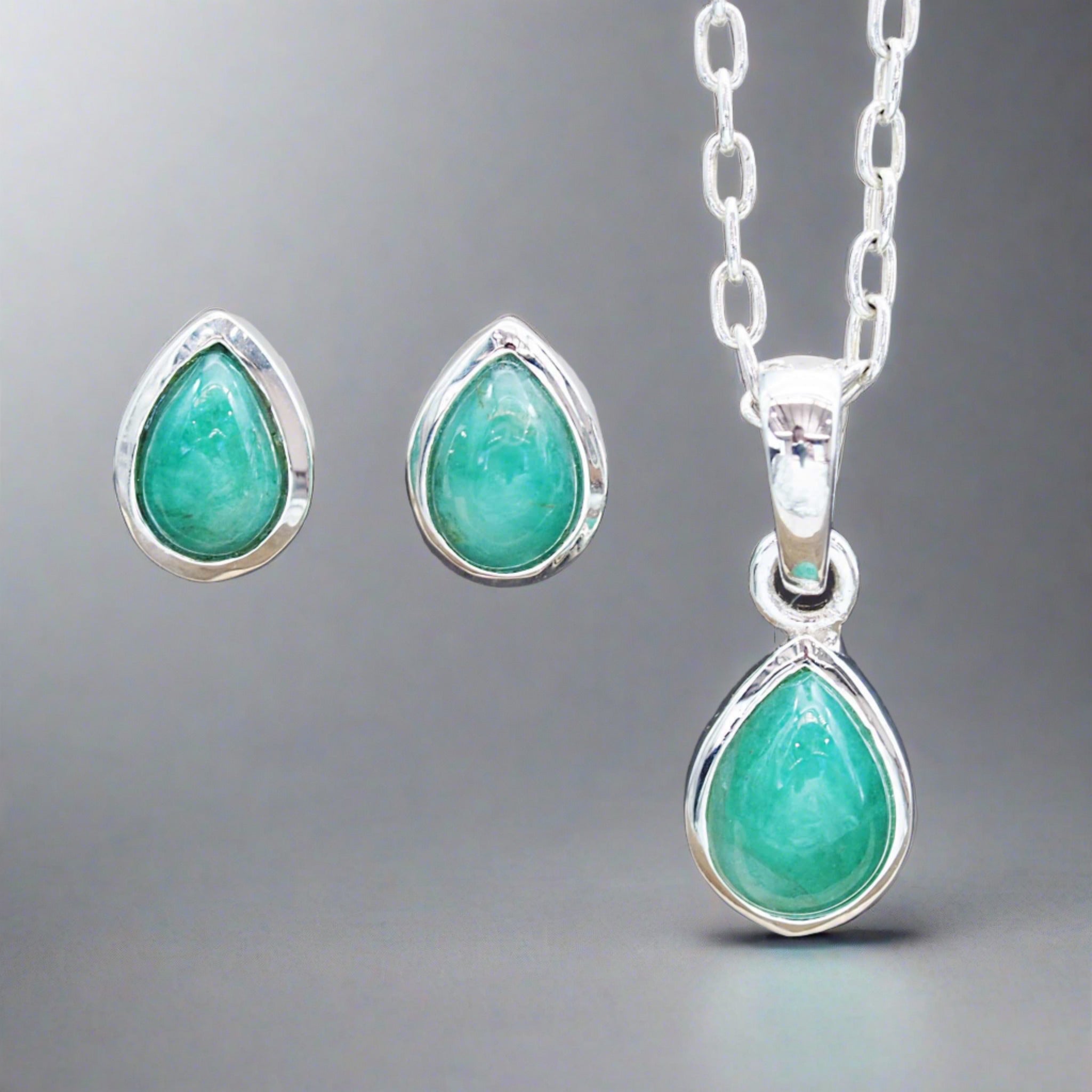 Silver May Birthstone emerald earrings and emerald necklace by indie and harper Australia 