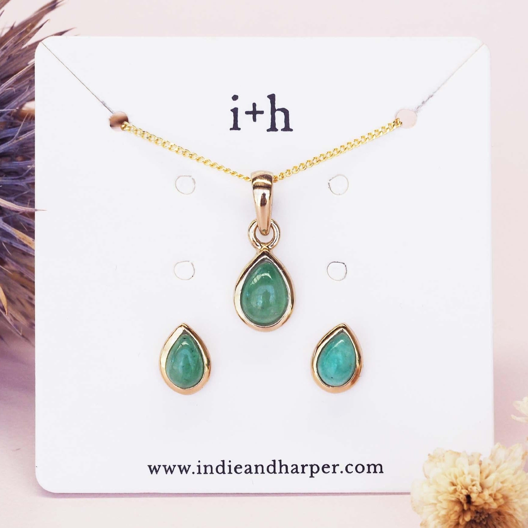 Gold May Birthstone emerald earrings and emerald necklace by indie and harper Australia 