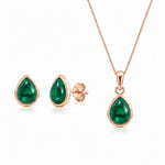 Rose Gold May Birthstone Jewellery set featuring a pair of teardrop stud natural emerald earrings and matching natural emerald pendant necklace on a white background