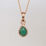 Rose Gold may birthstone necklace with green pear-shaped natural emerald gemstone pendant - birthday gift for her