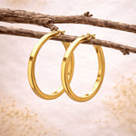 Gold hoop earrings hanging on a branch with a natural background
