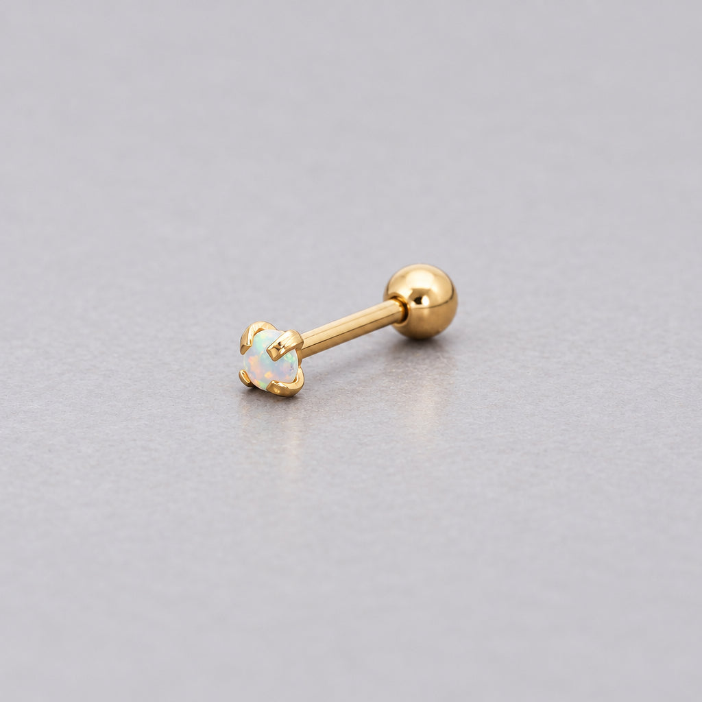 Single gold micro opal stud with a white opal and ball back