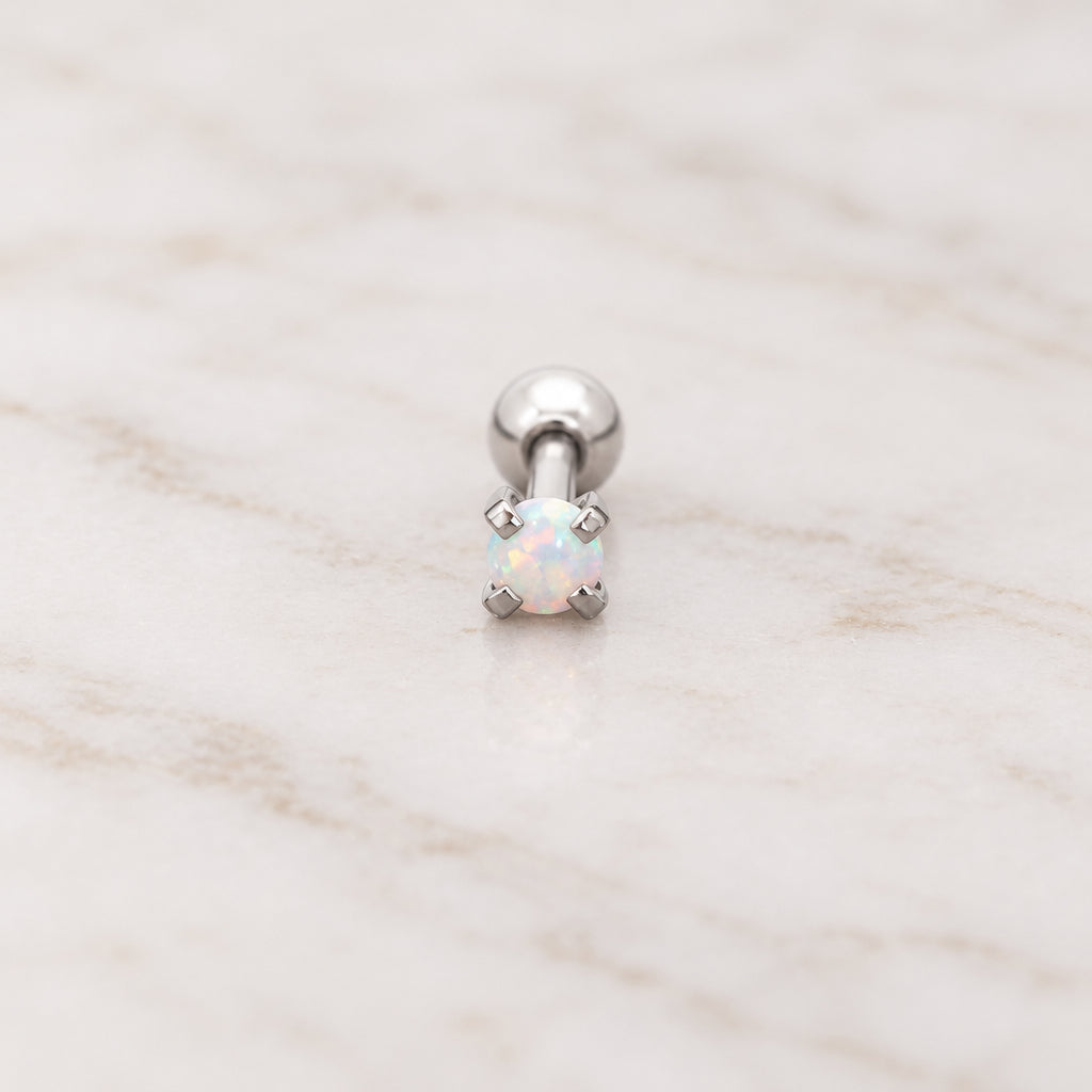 Stainless steel micro opal ball back stud with a white opal