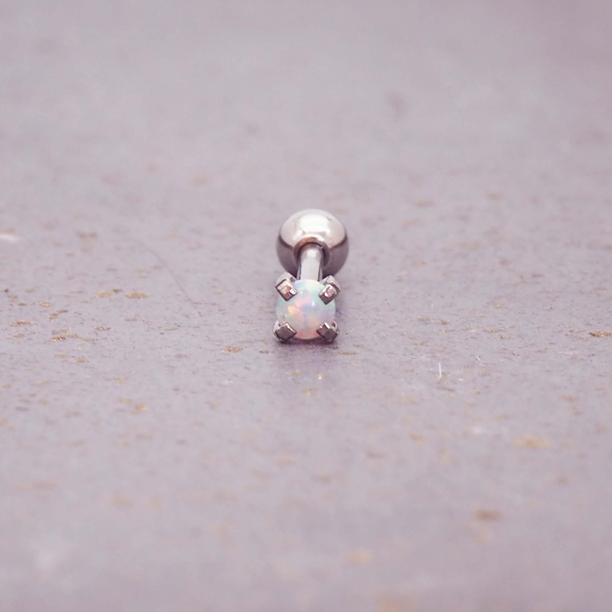 stainless steel single stud with ball back design made with white synthetic opal - waterproof jewellery by online jewellery brand indie and harper