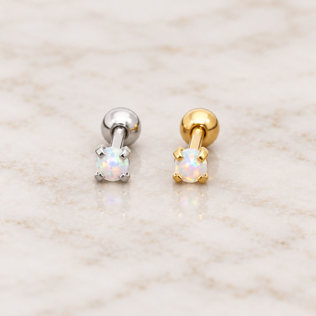 Gold micro opal ball back stud with a synthetic white opal