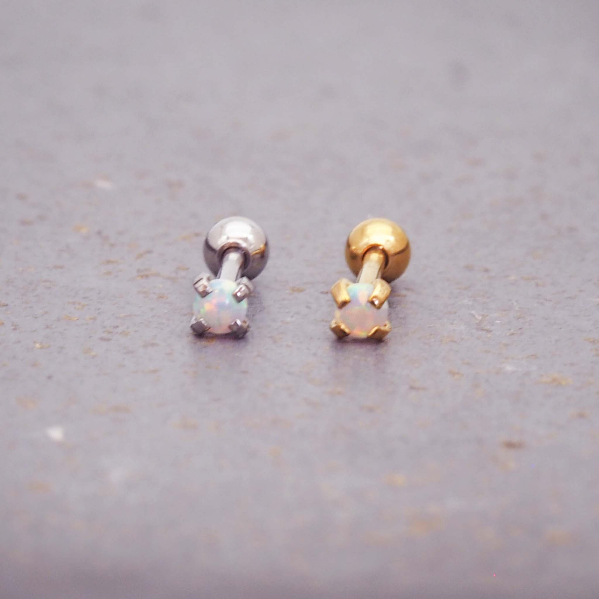 stainless steel ball back stud made with gold plating and synthetic white opal - waterproof jewellery by indie and harper
