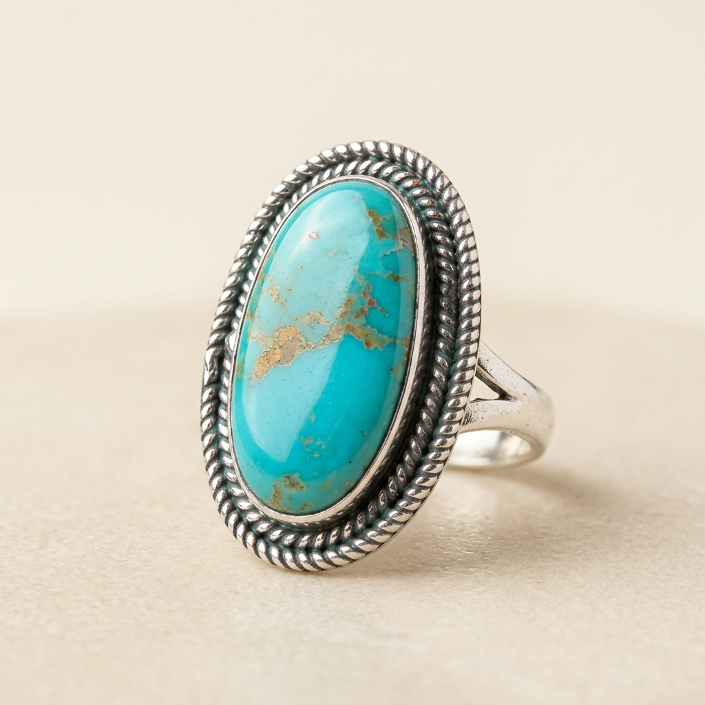 Mohave Turquoise Ring with a blue oval stone and gold veining in a rope-trimmed silver bezel, on a cream background