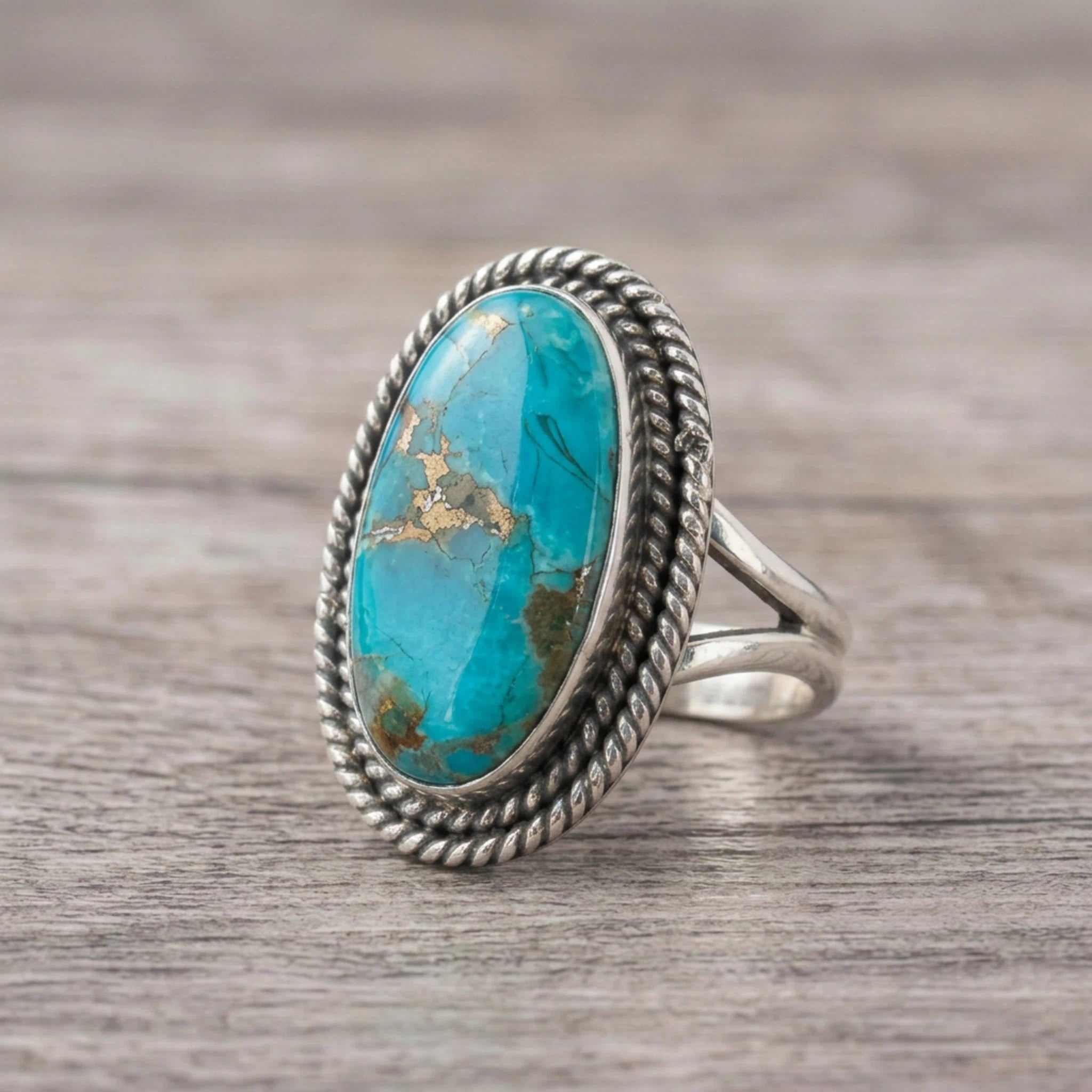 side view of a Sterling Silver Boho Ring with mohave turquoise gemstone on a wooden surface