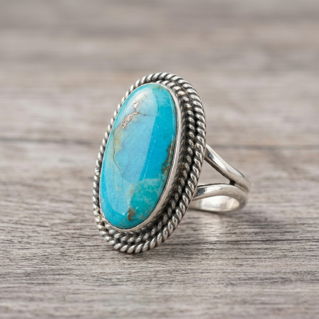 Mohave turquoise ring with split silver band and lighter wood