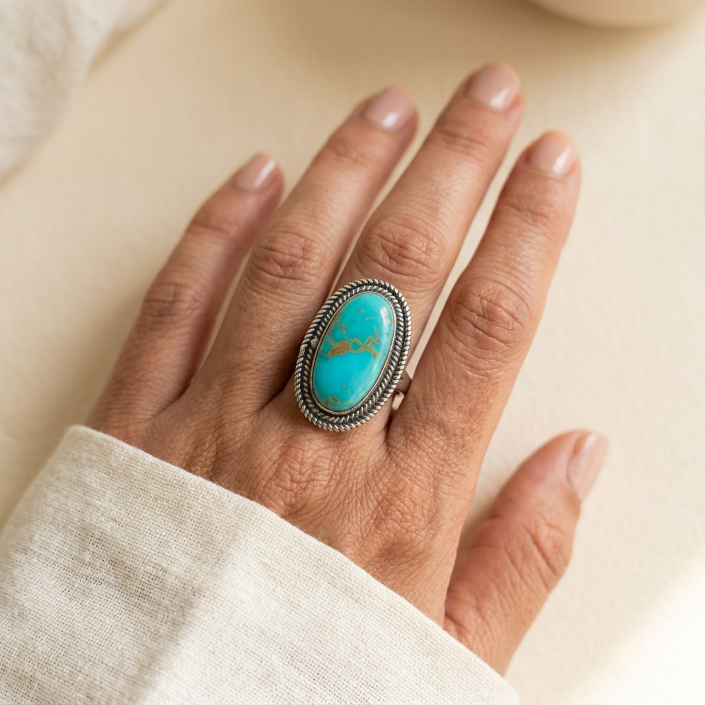 Mohave Turquoise Ring worn on a hand, showing the long oval blue stone and twisted rope border