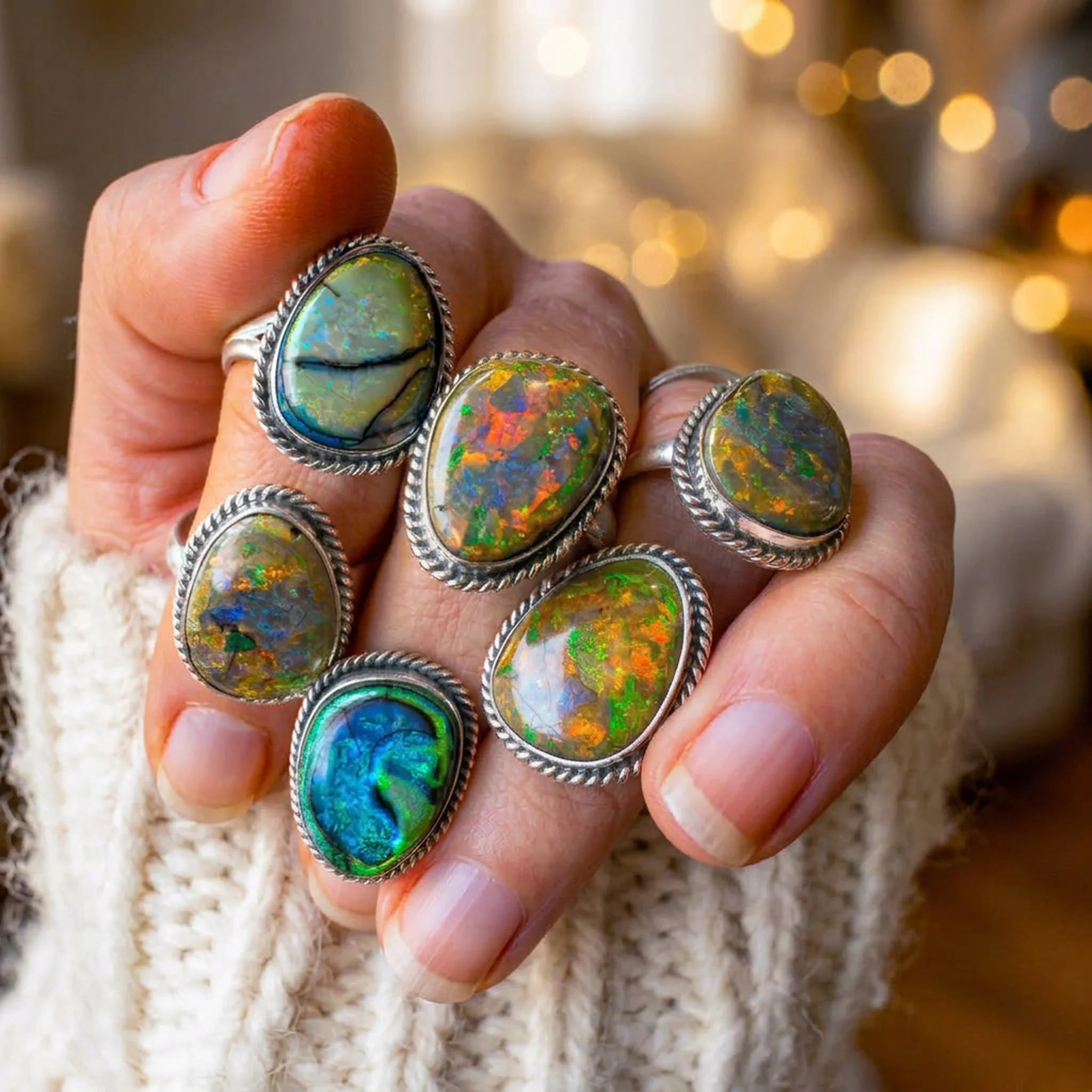 Several Monarch Opal Rings in blue, green and gold colourways worn on one hand against warm fairy lights