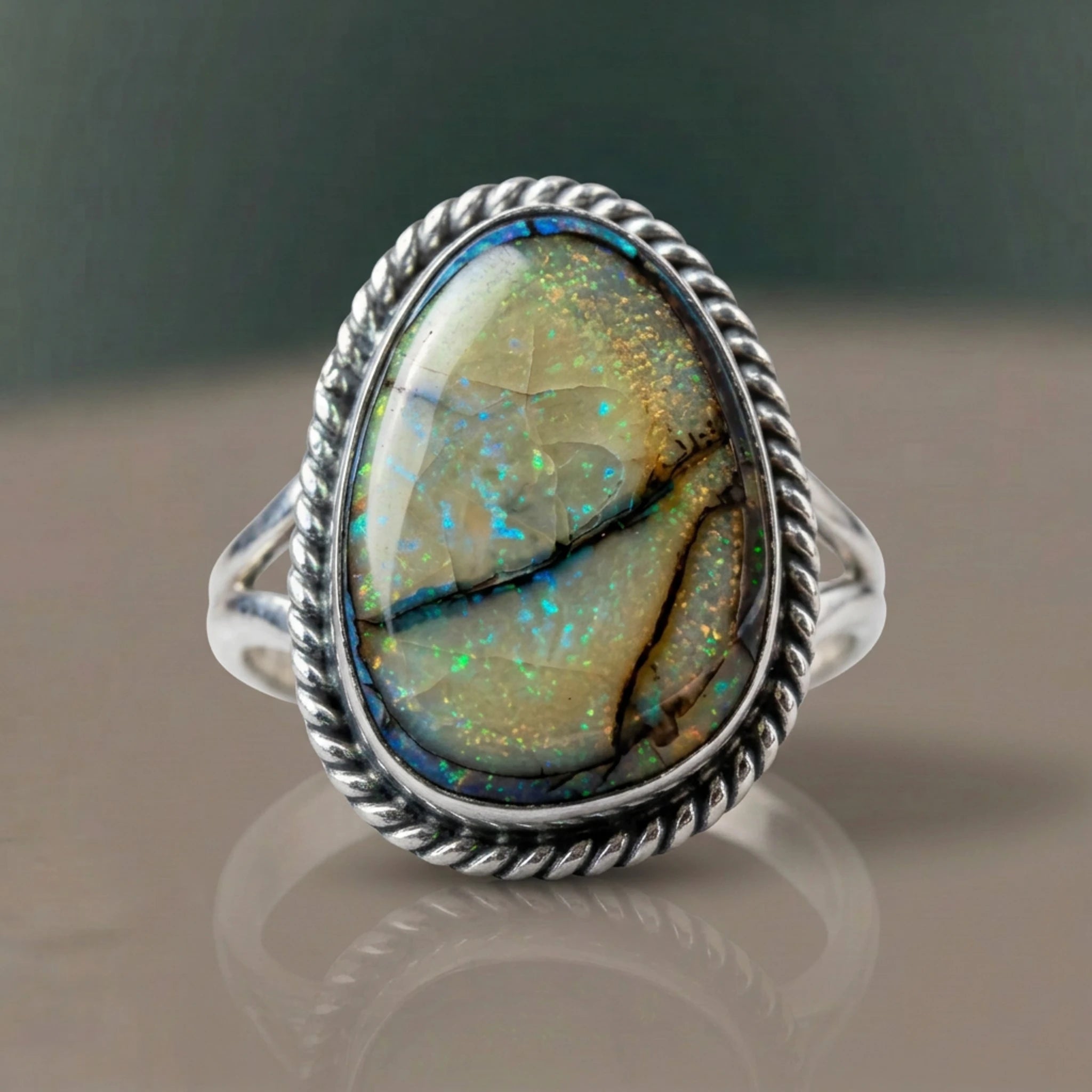 Monarch Opal Ring with a golden opal and dark matrix lines in a sterling silver rope bezel, close-up