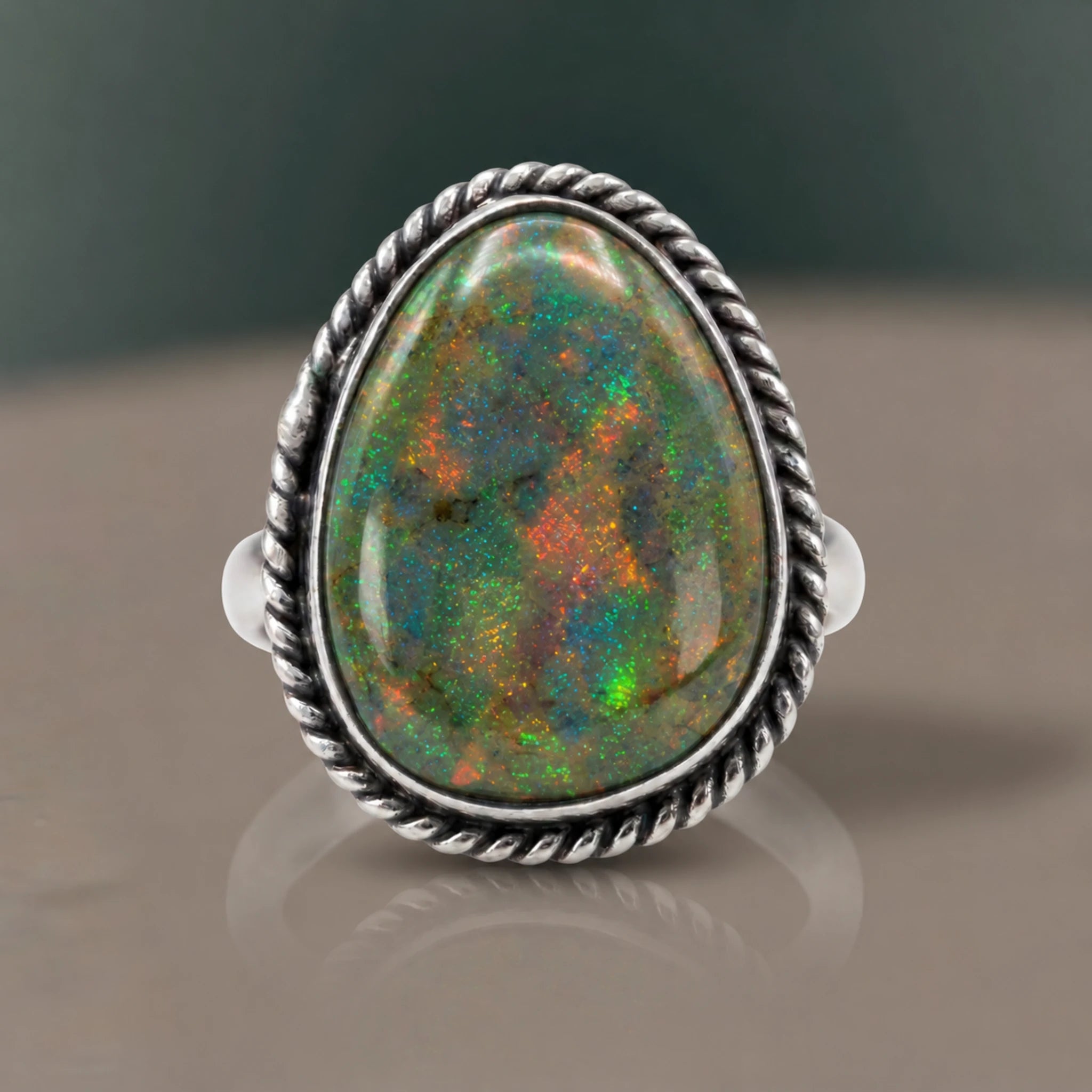 Monarch Opal Ring with an olive green opal and rainbow pinfire flashes in a twisted rope bezel, close-up