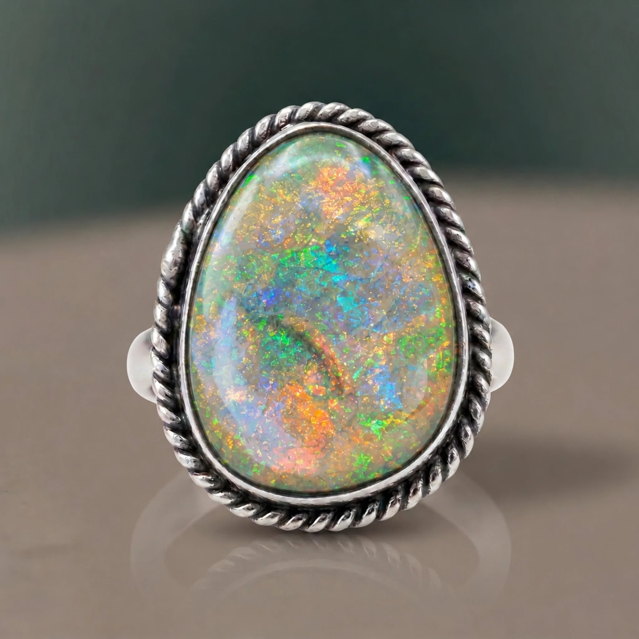 Monarch Opal Ring with a pastel rainbow opal in a twisted rope bezel, close-up on a soft grey background