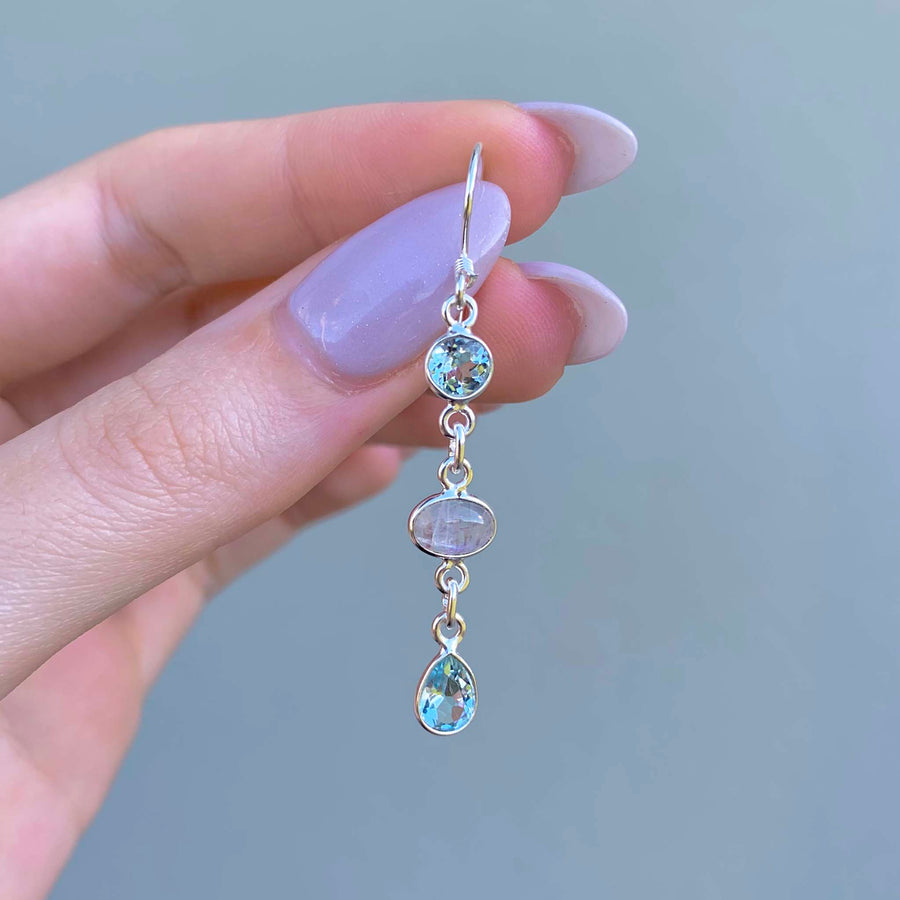 moonstone and blue topaz earrings - sterling silver earrings with moonstone and blue topaz gemstones - womens earrings by online jewellery brand indie and harper