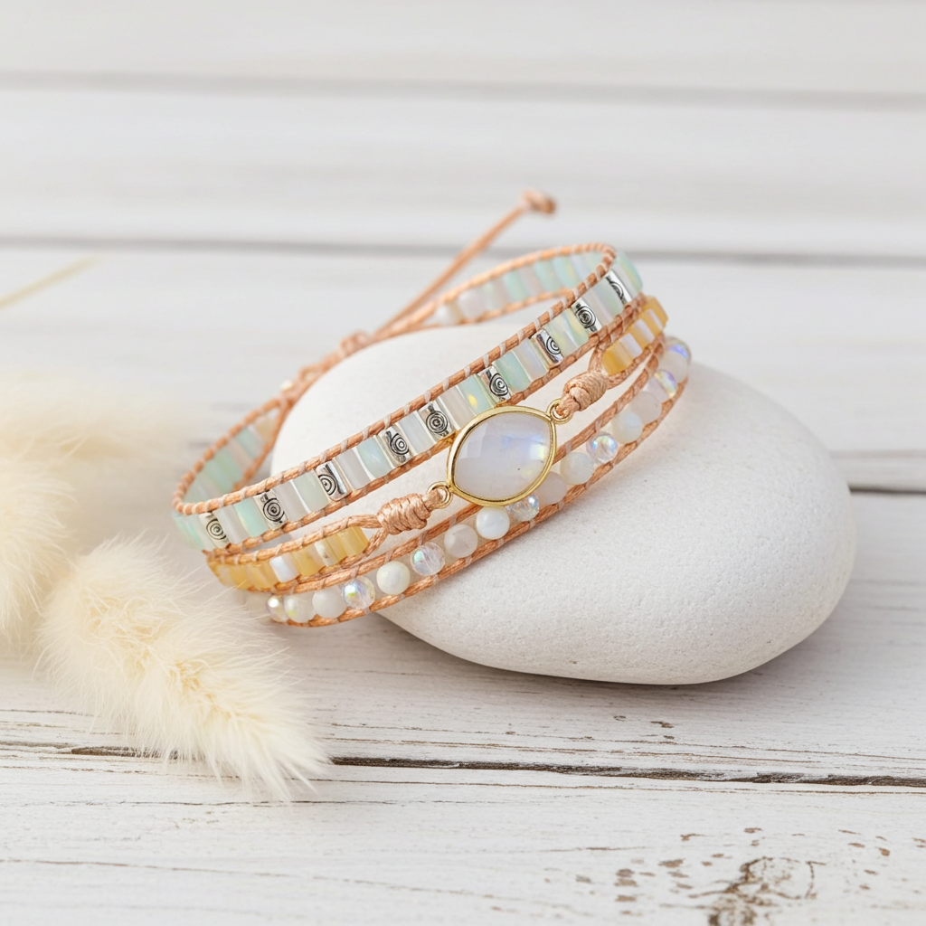 Set of beaded bracelets on a white stone with a wooden background