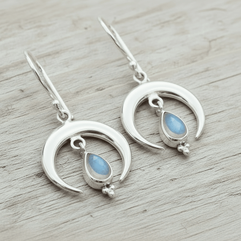 Silver moon-shaped earrings with teardrop moonstones on a wooden surface