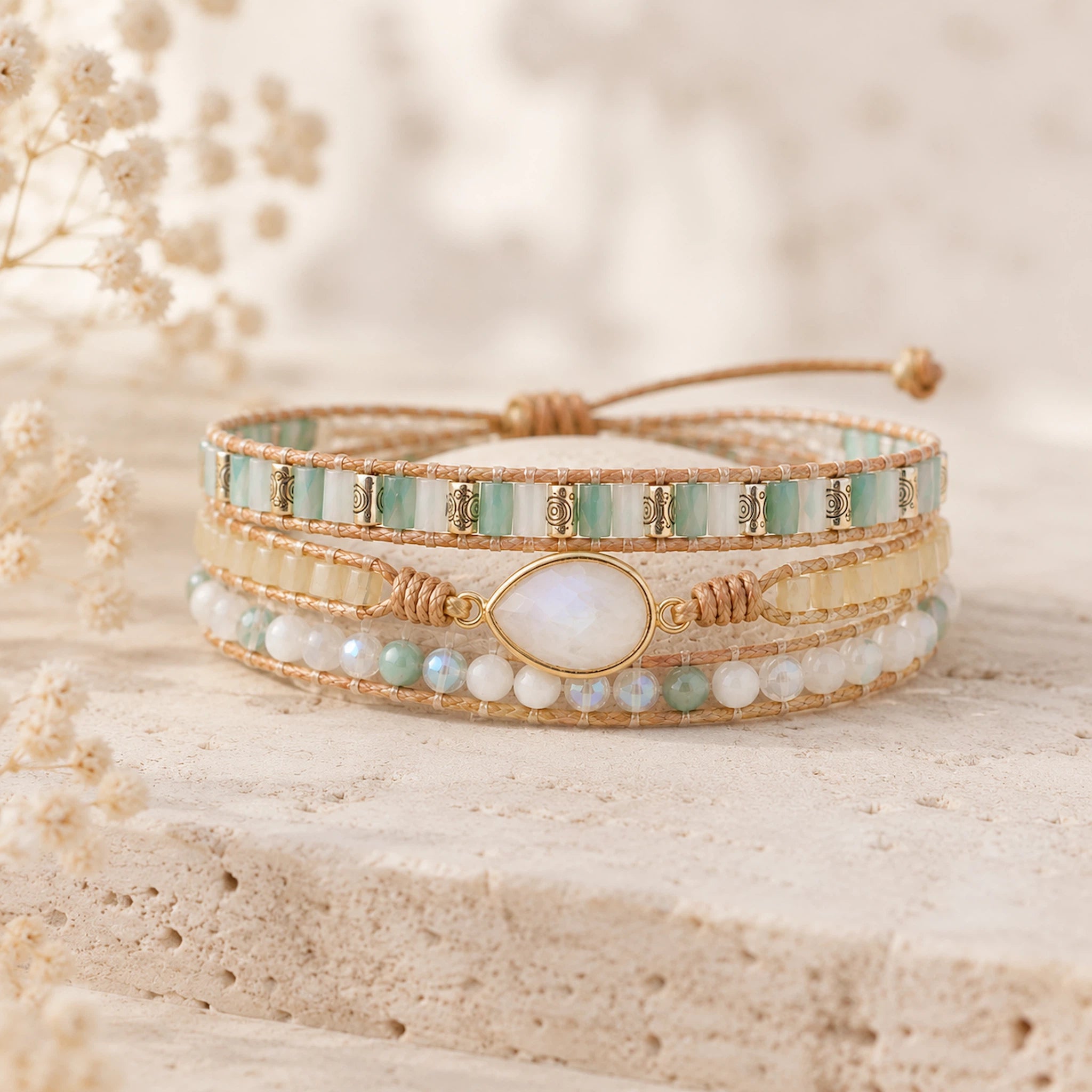 Multistrand bracelet with beads on a textured surface with flowers