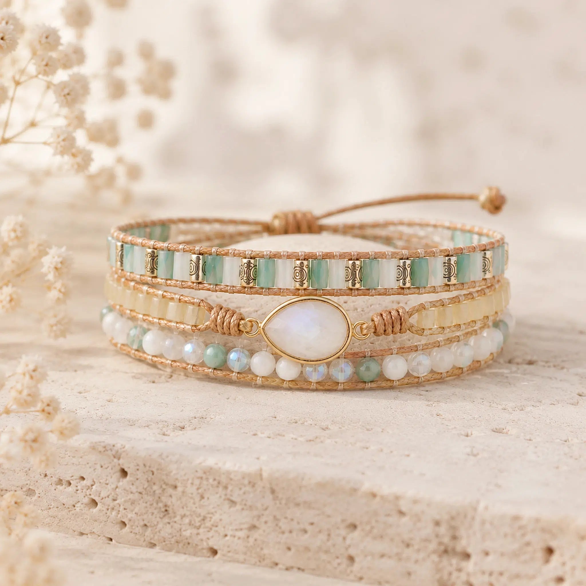 Multistrand bracelet with beads on a textured surface with flowers