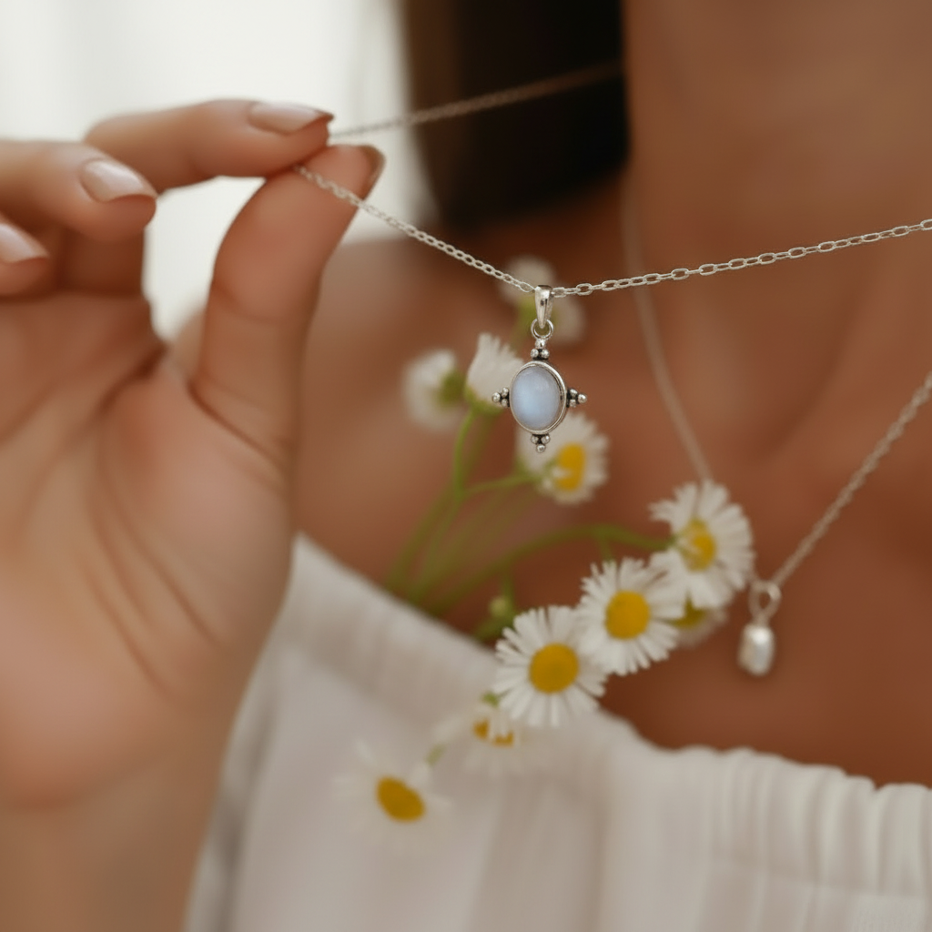 A close-up lifestyle shot of a person holding a delicate silver chain necklace with a central oval pendant featuring a pale blue-gray stone. The person is wearing a white top and holding small white daisies in the background.